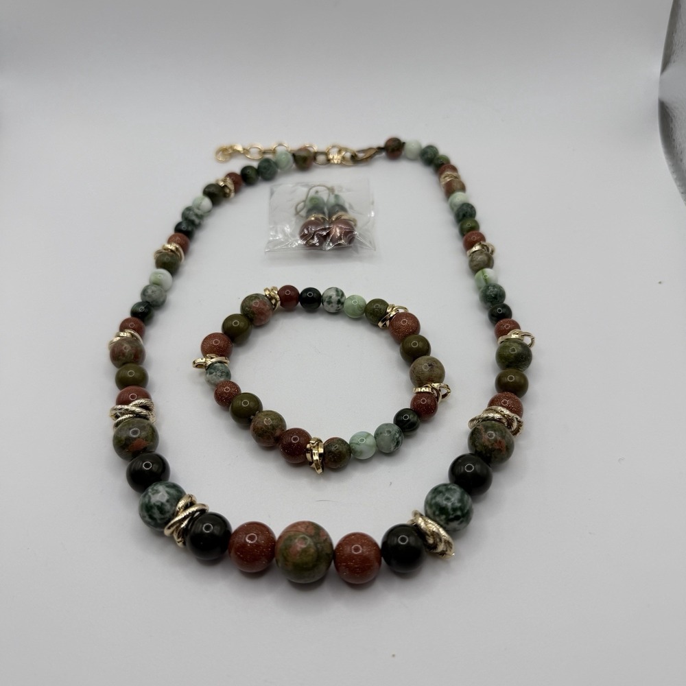 Necklace, Bracelet, Earring Jewelry Set of 3 Beads Green Brown Gold NEW Pierced - Picture 3 of 10